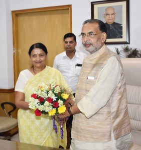 Union Minister for Agriculture and Farmers Welfare Radha Mohan Singh greeting the new MoS Krishna Raj